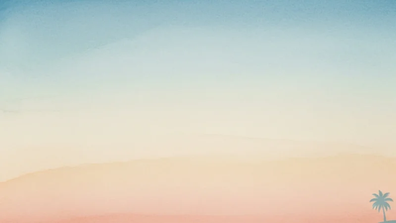 Gradient background transitioning from blue to peach with a small blue palm tree silhouette on the bottom right.