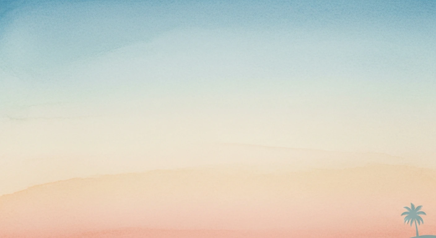 Gradient background transitioning from blue to peach with a small blue palm tree silhouette on the bottom right.