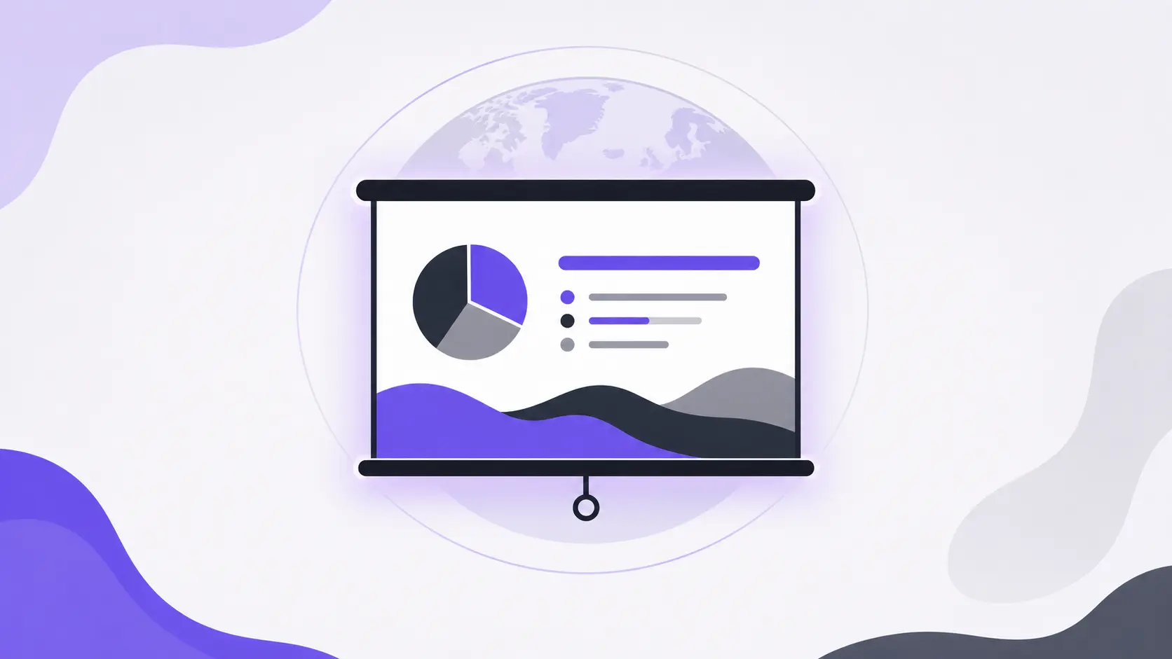 Projection screen displaying a purple, gray, and black pie chart with a wavy area graph.