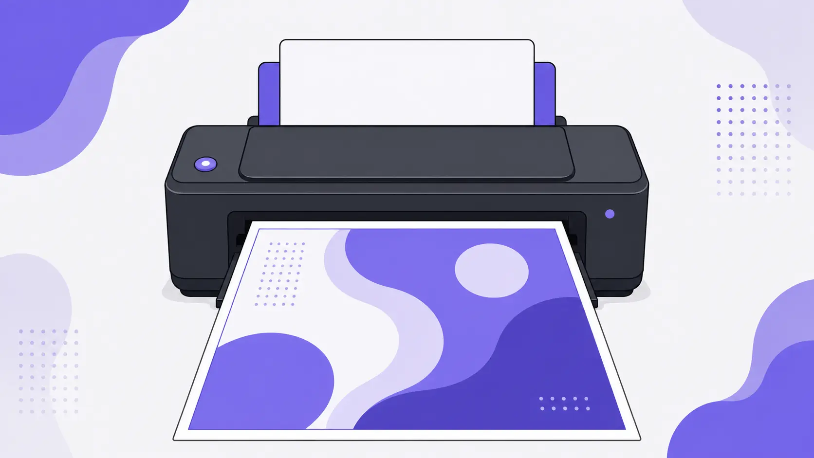 Illustration of a black printer producing a purple and white abstract design on paper.