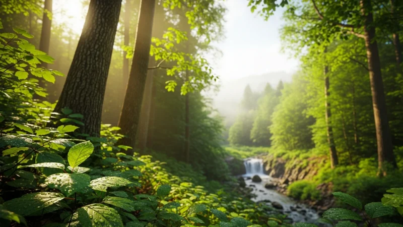 naturaleza fondo powerpoint 1.310Z Sunlit forest with green foliage, tall trees, and a small waterfall over rocky stream.