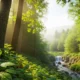 Sunlit forest with green foliage, tall trees, and a small waterfall over rocky stream.