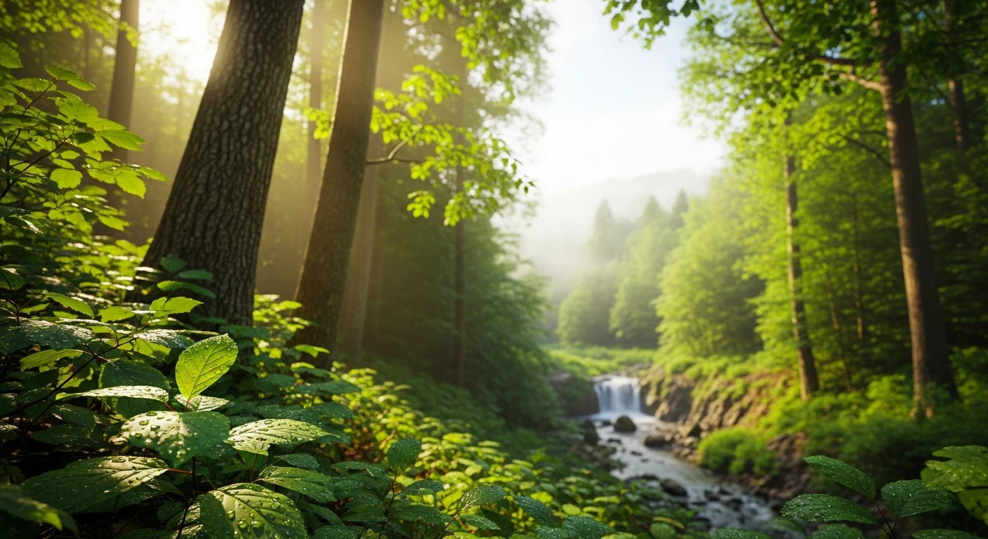 Sunlit forest with green foliage, tall trees, and a small waterfall over rocky stream.