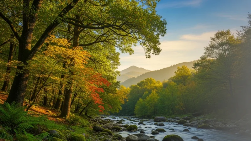 naturaleza fondo powerpoint 2.353Z River flowing through a forest with autumn foliage and distant mountains under a clear sky.