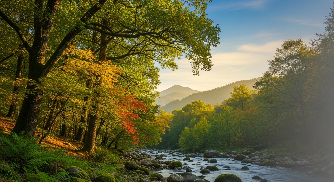 River flowing through a forest with autumn foliage and distant mountains under a clear sky.