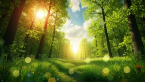 Sunlight filtering through lush green trees over a grassy forest path with wildflowers.