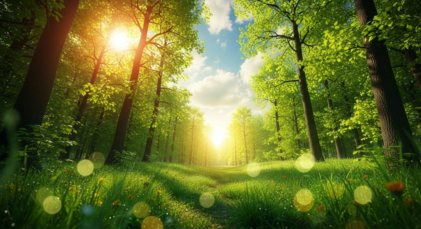 Sunlight filtering through lush green trees over a grassy forest path with wildflowers.