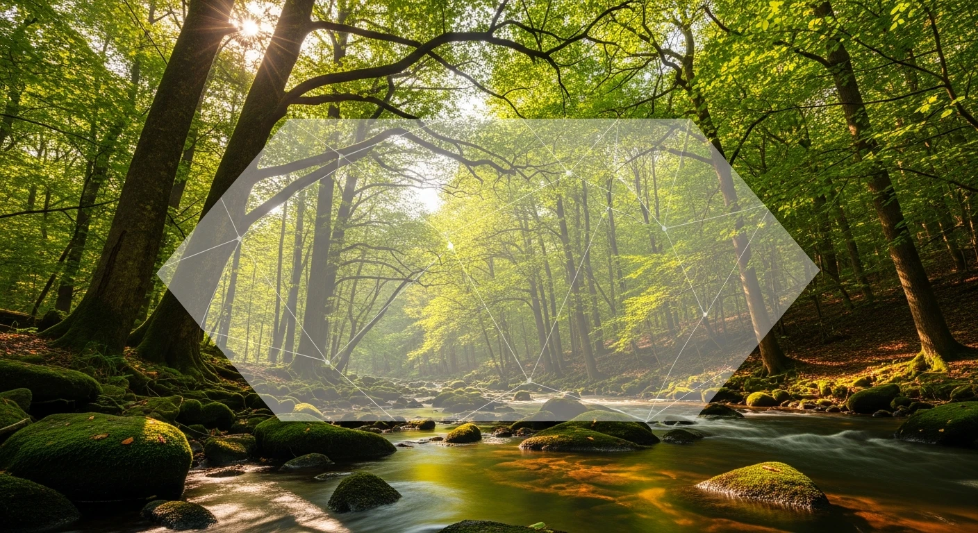 Sunlight filtering through green trees over a moss-covered rocky stream in forest.