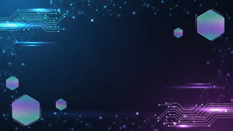 powerpoint tecnología de fondo 1.751Z Abstract digital background with blue and purple hexagons, circuit lines, and network nodes.