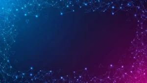 Abstract digital network design with blue and purple glowing interconnected nodes on dark background.