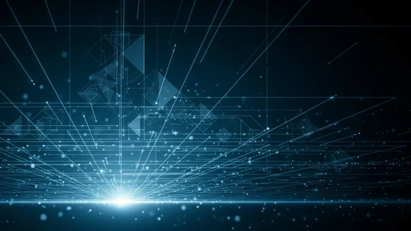 Abstract digital network visualization with blue glowing lines and geometric shapes on black background.