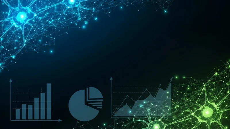 fondo powerpoint tecnologia.622Z Digital illustration featuring blue and green neural network structures surrounding gray bar, pie, and line charts on a dark background.