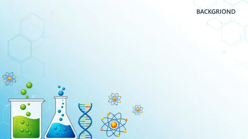 powerpoint fondo quimica 1.895Z Illustration of laboratory glassware, DNA helix, and atomic models on a blue gradient background.