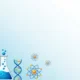 Illustration of laboratory glassware, DNA helix, and atomic models on a blue gradient background.