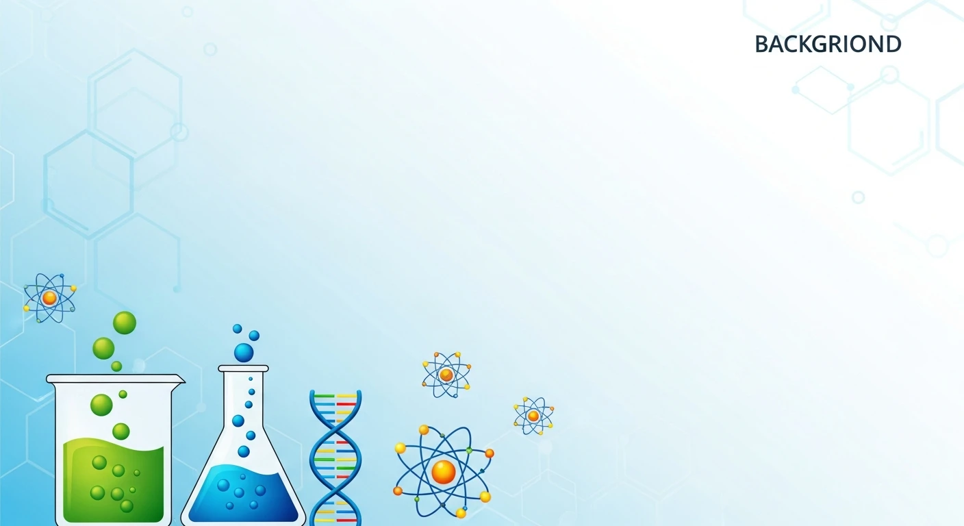 Illustration of laboratory glassware, DNA helix, and atomic models on a blue gradient background.