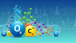 Illustration of colorful molecular structures and chemical element symbols on a blue gradient background.