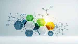 Abstract scientific background with colorful hexagons, chemical formulas, and laboratory flask icons.