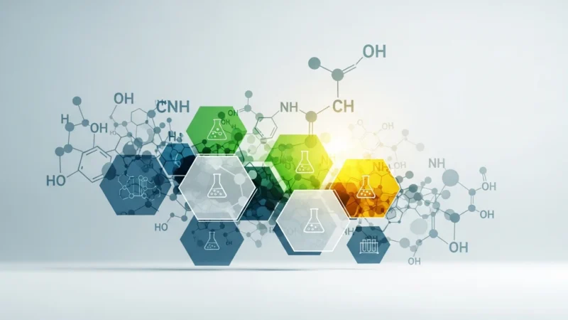 Abstract scientific background with colorful hexagons, chemical formulas, and laboratory flask icons.