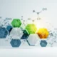 Abstract scientific background with colorful hexagons, chemical formulas, and laboratory flask icons.