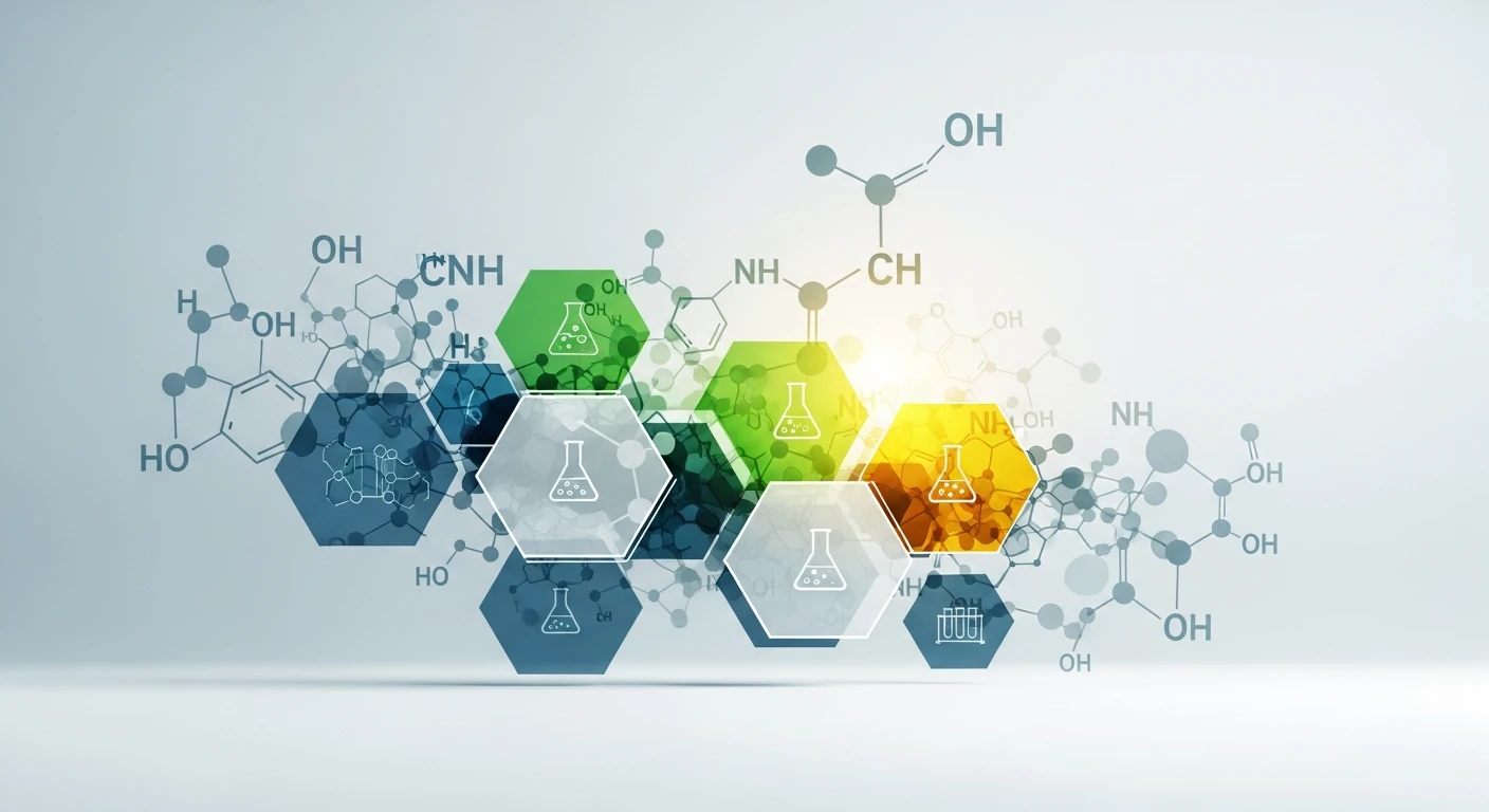 Abstract scientific background with colorful hexagons, chemical formulas, and laboratory flask icons.