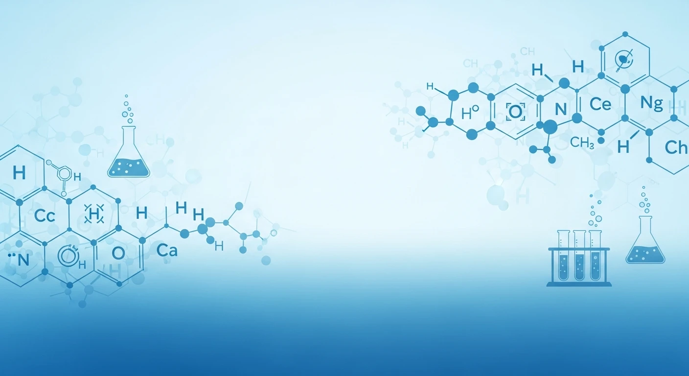 Abstract blue scientific background with chemical formulas, molecular structures, and laboratory glassware.