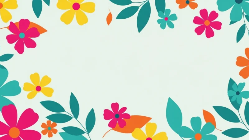 powerpoint flower background 1.758Z Colorful floral border with pink, yellow, orange, and teal flowers and leaves on white background.