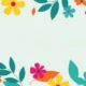 Colorful floral border with pink, yellow, orange, and teal flowers and leaves on white background.