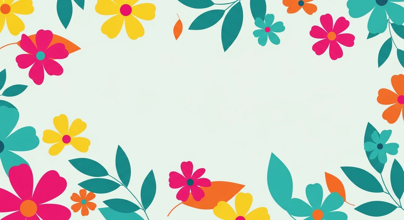Colorful floral border with pink, yellow, orange, and teal flowers and leaves on white background.