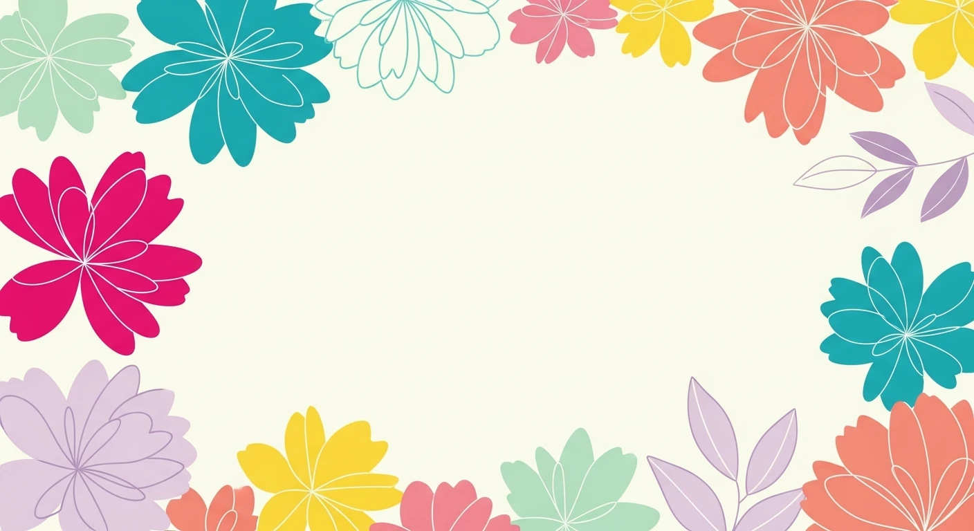 Colorful floral border with pink, yellow, teal, purple, and coral flowers on a cream background.