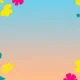 Colorful floral border with teal, yellow, and pink flowers on a blue to peach gradient background.