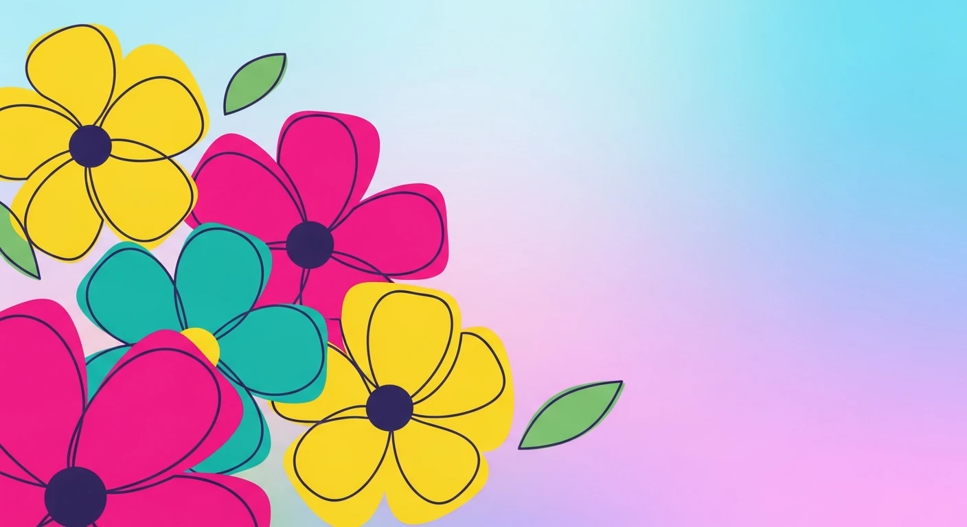 Illustration of colorful flowers with yellow, pink, and teal petals against a pastel gradient background.