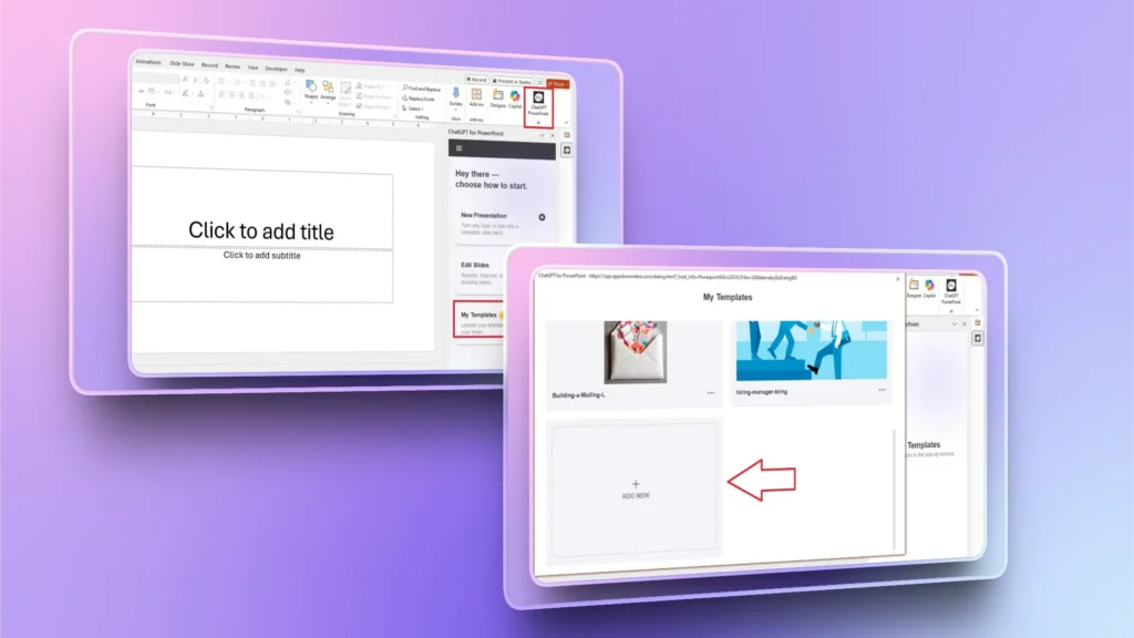 Two overlapping PowerPoint windows on a purple gradient background, showing slide creation and template selection.