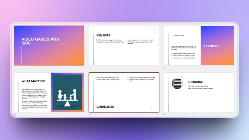 Presentation slides overview on "Video Games and Kids" with topics on benefits, risks, and guidelines.