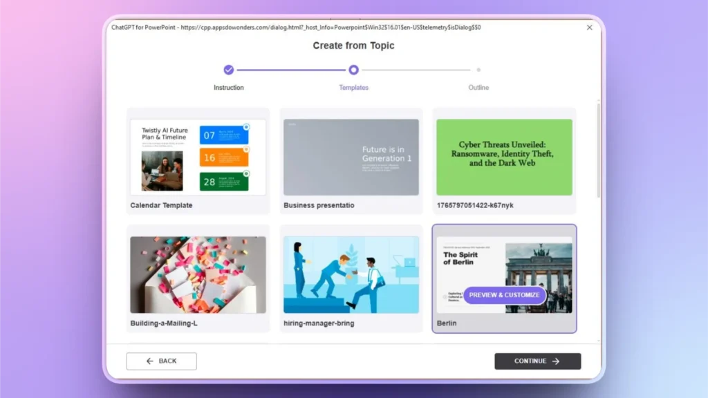 User interface of ChatGPT for PowerPoint showing presentation template options with colorful thumbnails and text labels.