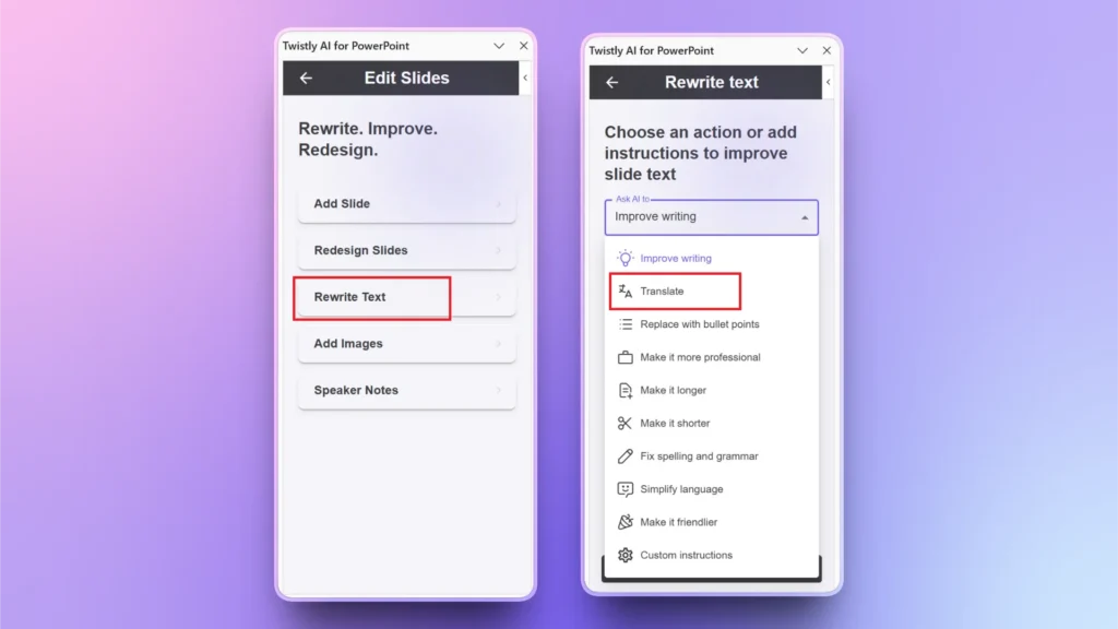 Screenshot of Twisly AI for PowerPoint interface showing Edit Slides and Rewrite Text options.