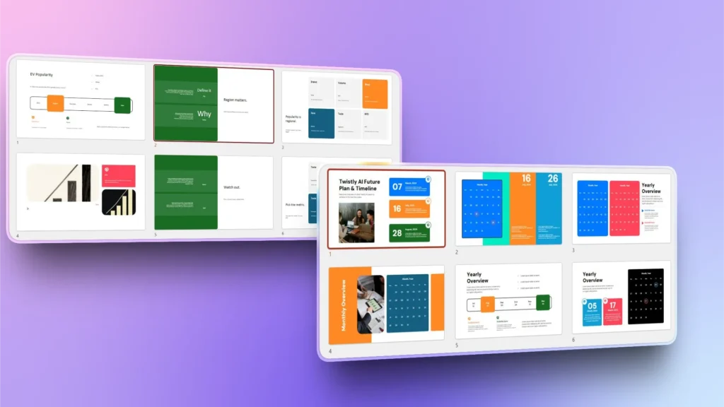Two floating digital presentation slideshows with charts, calendars, timelines, and text on a purple gradient background.