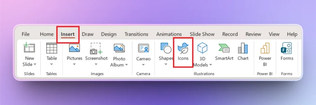 Screenshot of a software toolbar with the Insert tab and Icons option highlighted in red.