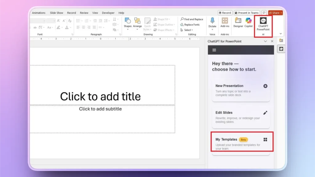 Screenshot of PowerPoint interface with ChatGPT PowerPoint AI add-in sidebar visible.