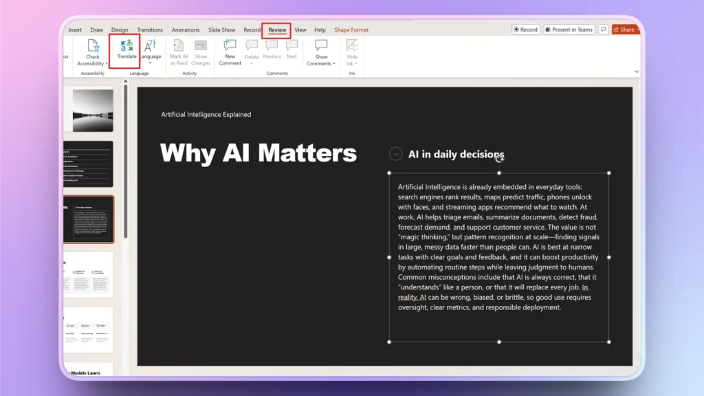 PowerPoint slide titled "Why AI Matters" with visible Review tab and Translate option highlighted.