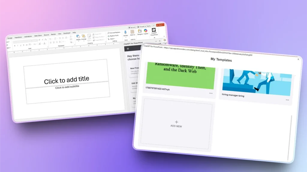 Screenshot of PowerPoint interface with ChatGPT for PowerPoint add-in and template selection window.