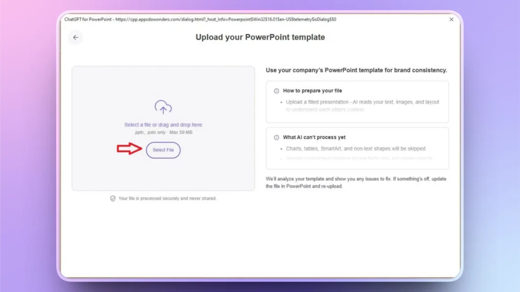 Screenshot of a PowerPoint template upload interface with a red arrow pointing to the "Select File" button.