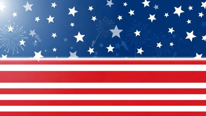 Graphic of American flag-inspired design with white stars on blue and red and white stripes.