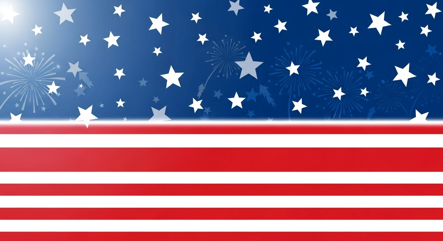 Graphic of American flag-inspired design with white stars on blue and red and white stripes.