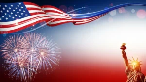 American flag with fireworks and Statue of Liberty against a red, white, and blue background.