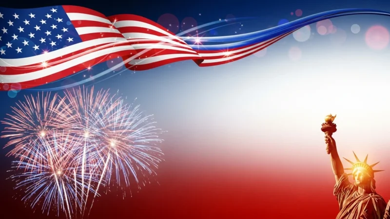 American flag with fireworks and Statue of Liberty against a red, white, and blue background.