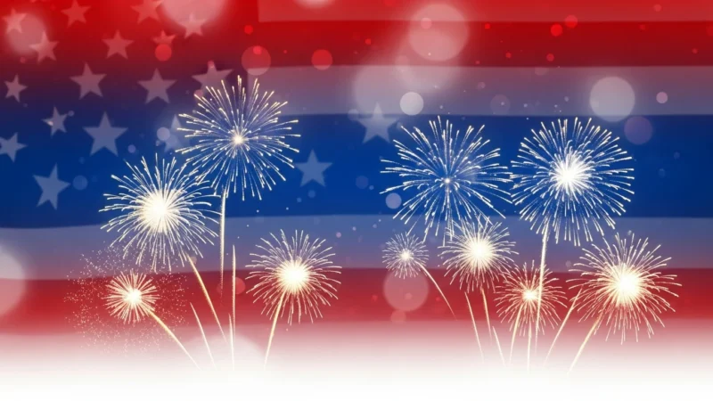 Fireworks exploding in front of a blurred American flag with stars and stripes.