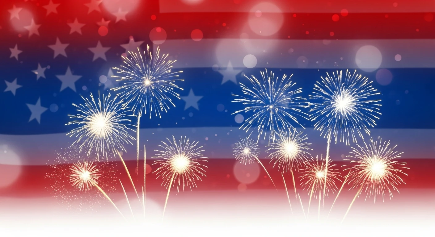 Fireworks exploding in front of a blurred American flag with stars and stripes.