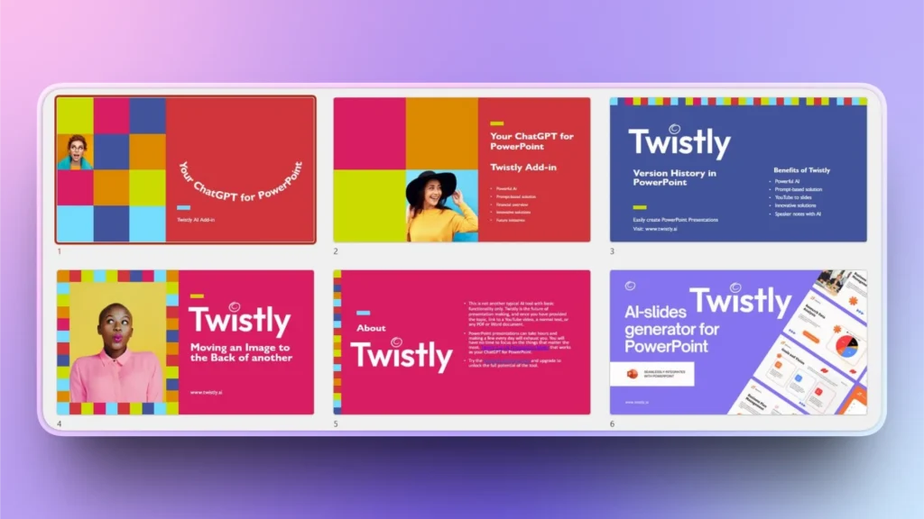 Presentation slides for Twistly PowerPoint add-in with diverse portraits and colorful blocks.