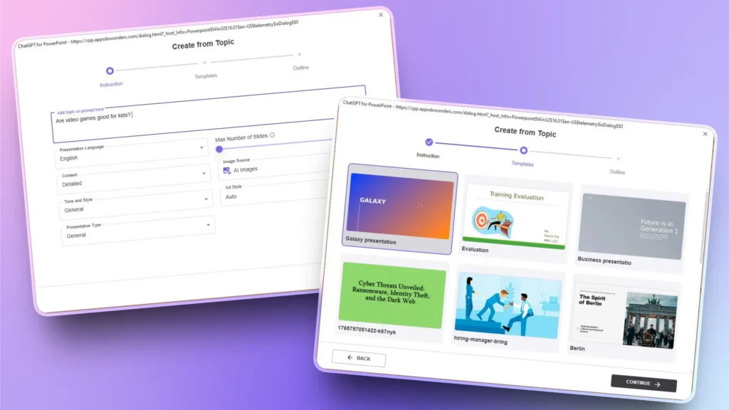 User interface of ChatGPT for PowerPoint showing topic input and template selection screens.