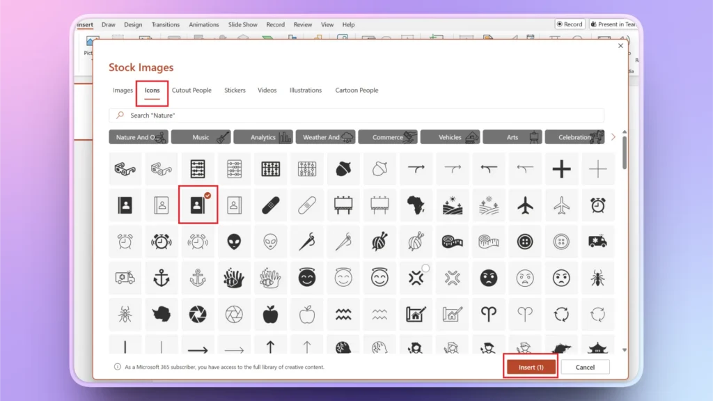 Screenshot of a Stock Images dialog box in presentation software, Icons tab selected, with various black and white icons displayed.